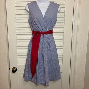 Chetta B Nautical Pinstripe Fit & Flare Dress Red Sash Size 6